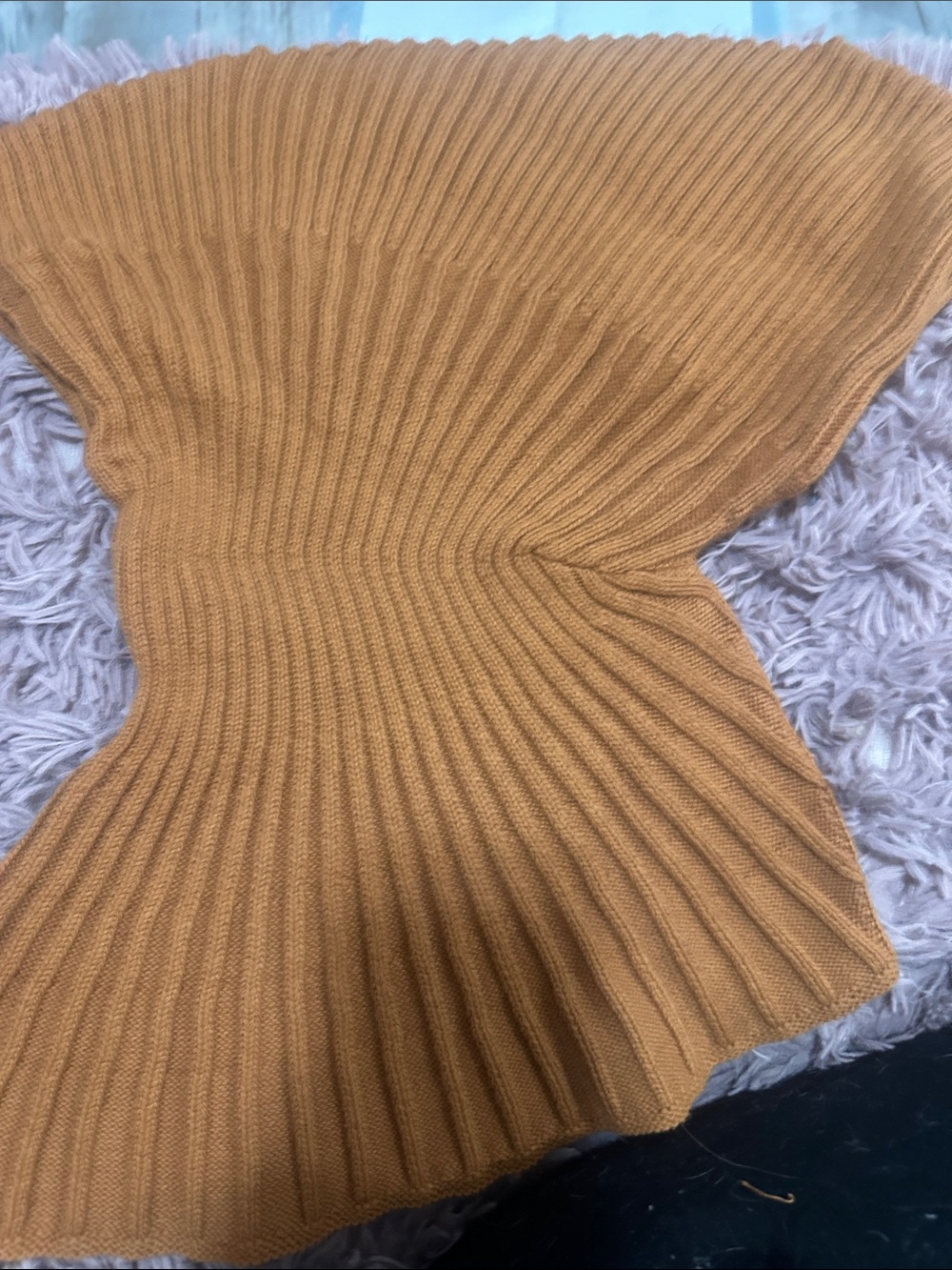 Vici Ribbed Off-the-Shoulder Sweater in Camel